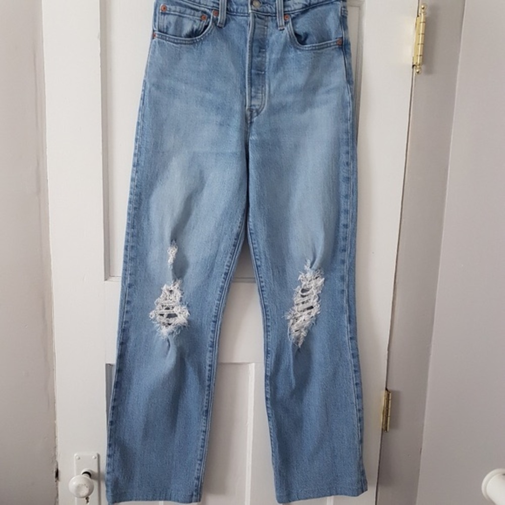 Levis Ribcage Highwaist Straight Distress Button Fly Denim  Light Wash Sz 27